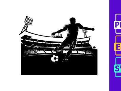 Soccer player kicking a ball in a stadium