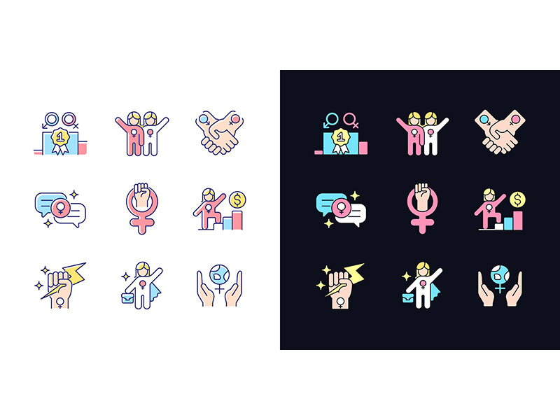 Feminist movement light and dark theme RGB color icons set