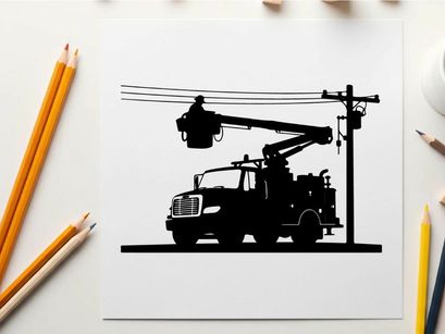 Silhouette of a utility truck working on a power line at night