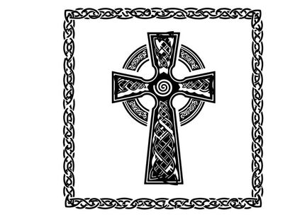 Celtic cross silhouette with intricate knotwork design and border