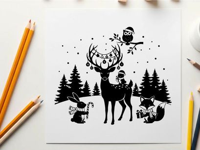 Winter forest silhouette with deer rabbit fox and owl