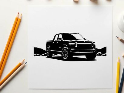 Silhouette of a pickup truck in a scenic landscape with mountains silhouette