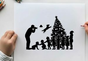 Christmas silhouette of family decorating tree with children and dog