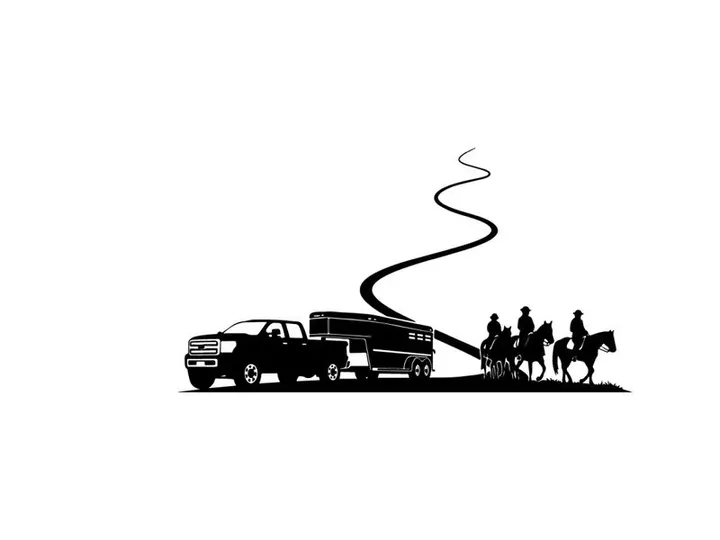 Silhouette of a truck towing a horse trailer with riders in a unique combination