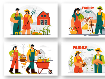 9 Family Working on a Farm Illustration