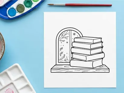 Stack of books on a windowsill with winter snow scene outside, line art illustration.