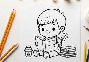 Cute boy reading book with robot vector illustration
