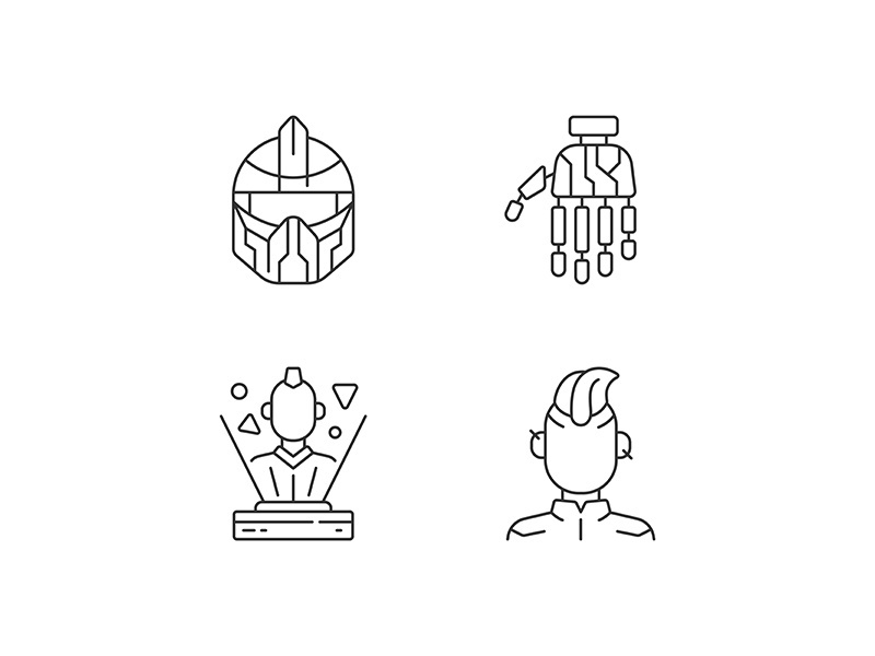 Human body cyberpunk augmentations linear icons set