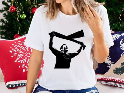 Man holding and waving a scarf in the air with both hands energetically