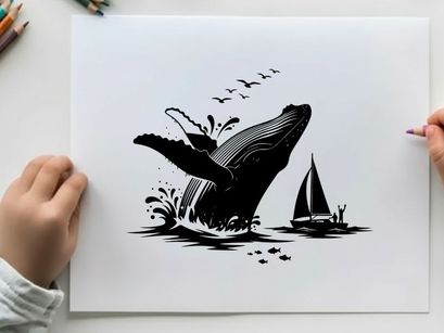 Whale silhouette breaching ocean with sailboat and seagulls silhouette