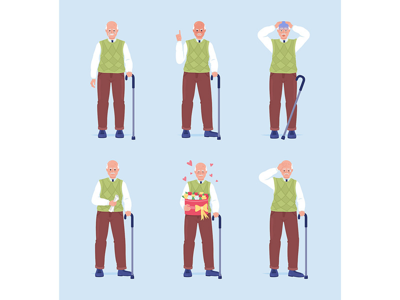 Senior men feelings expression semi flat color vector characters set