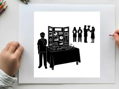 Silhouette of a boy standing by a table with a display and other silhouettes