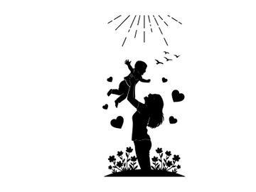 Silhouette of a woman holding baby with hearts and sun preview picture