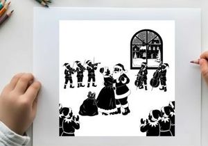 Santa claus silhouette with mrs claus and children on a snowy night