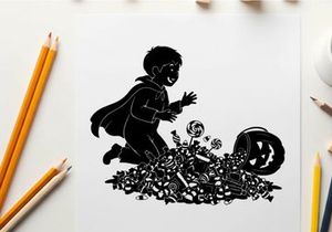 Silhouette of a child in a cape looking at a pile of toys silhouette