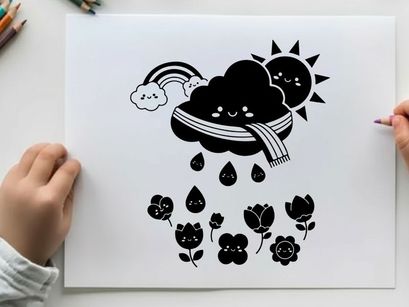 Whimsical silhouette of a cloud wearing scarf with flowers and rainbow