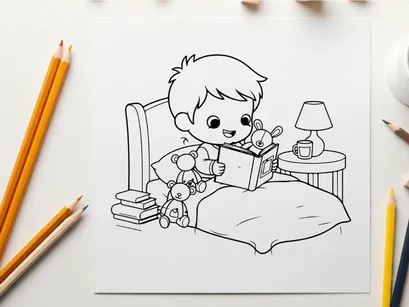Child reading bedtime story with teddy bears vector illustration
