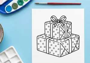 Christmas gift boxes with polka dot wrapping paper and ribbon bow line art illustration.