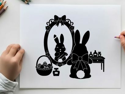 Easter bunny silhouette in front of ornate mirror with basket and cosmetics