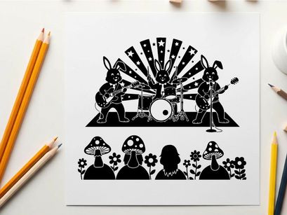 Silhouette of rabbits playing music for crowd with mushrooms