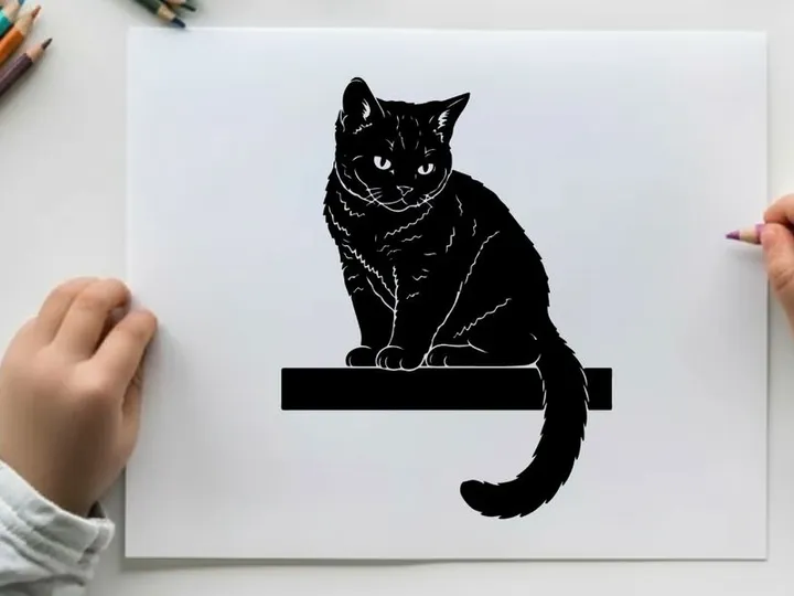 Black cat silhouette sitting on a ledge looking forward