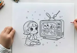 Girl watching cartoon cat and dog on tv vector illustration