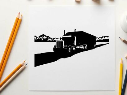 Silhouette of a semi truck driving on a road with mountains