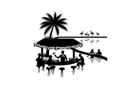 Silhouette of people on a boat under a palm tree