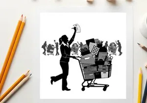 Silhouette of woman with shopping cart and money in hand