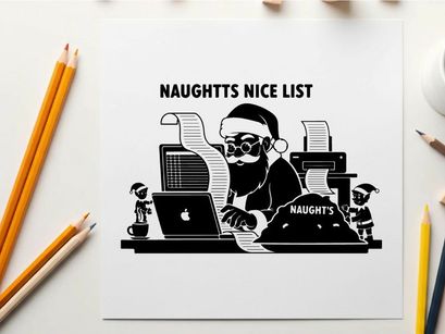 Santa claus checking naughty list on computer silhouette style image