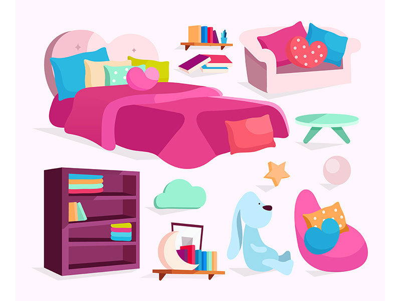Bedroom furniture flat vector illustrations set