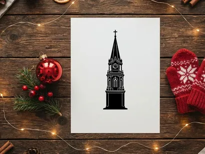 Black silhouette of a church tower with a clock and cross on a white background