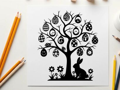 Easter bunny silhouette under decorated tree with eggs