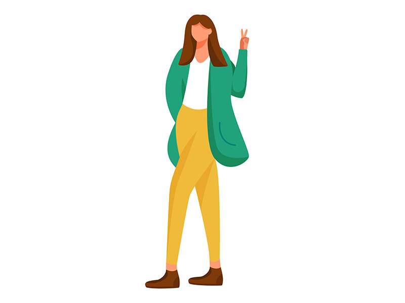 Girl shows v sign flat vector illustration