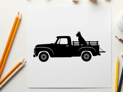 Silhouette of a dog in the back of a vintage pickup truck