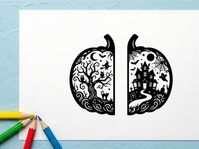Potongan kertas rumit hitam putih dengan adegan hutan aneh dengan rumah berhantu dan bulan