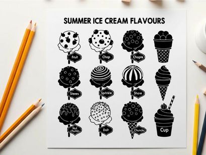 Silhouette of various summer ice cream flavors in black and white