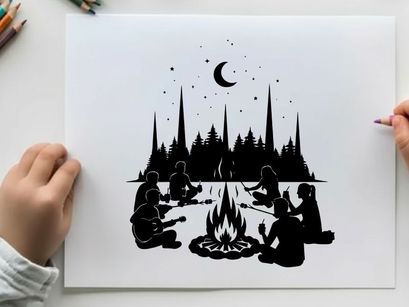 Silhouette of people sitting around campfire under crescent moon and stars at night