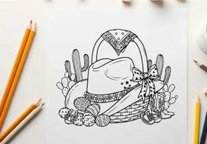 Western cowboy hat silhouette with cactus and basket