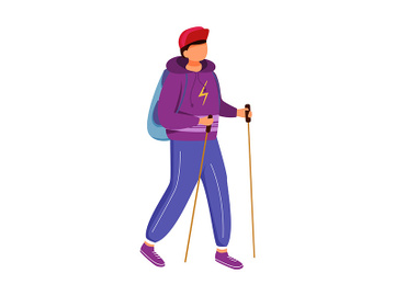 Teenager boy with hiking sticks flat vector illustration preview picture