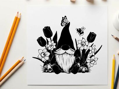 Silhouette of a gnome with flowers and insects
