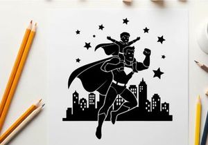 Superman silhouette flying over cityscape at night with stars
