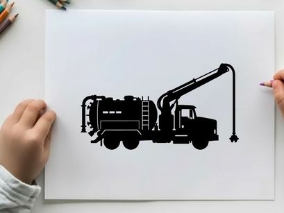 Silhouette of a large industrial vacuum truck with crane and hose