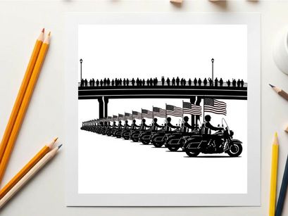 Motorcycle police escort with american flags and silhouette of onlookers