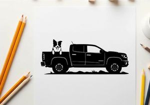 Silhouette of a dog in the back of a pickup truck