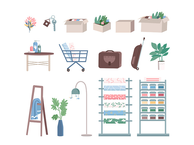 Home renovation and room decoration flat color vector objects set