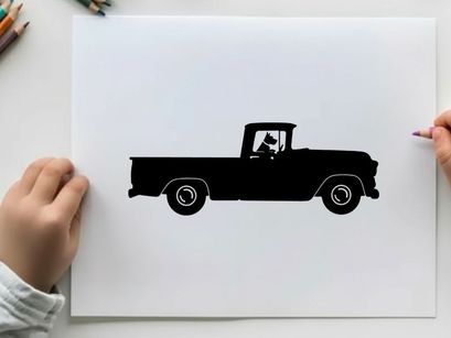 Silhouette of a classic pickup truck with a driver