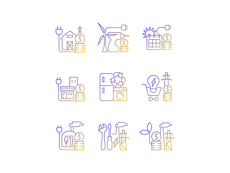 Electrical energy gradient linear vector icons set
