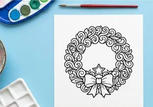 Christmas wreath coloring page with star and bow, festive holiday line art illustration.