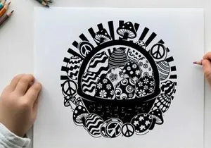 Black and white silhouette peace symbol basket illustration